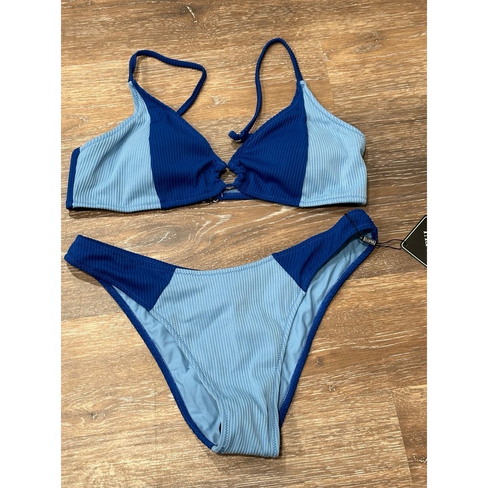 ZAFUL‎ Women's Ribbed Bikini Set O Ring Colorblock Cheeky Swimwear